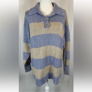 Zara Oversized Striped Sweater Blue Tan Chunky Knit Buttons Mock Neck Woman’s S